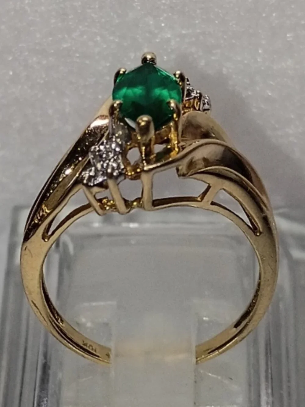 10Kt Two-Tone Gold Marquise Lab-Emerald Ring with Diamond-Accent